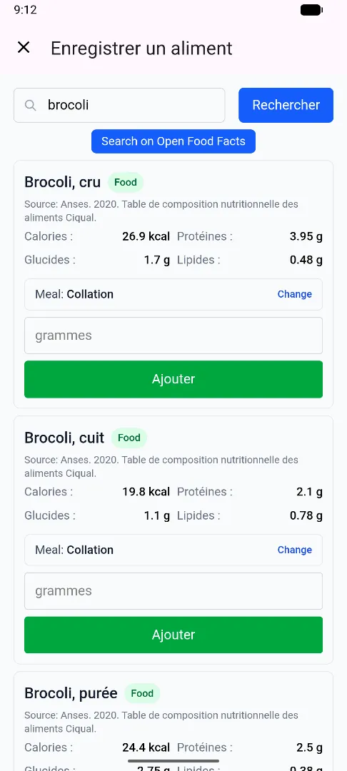 Recherche d'aliments avec informations nutritionnelles