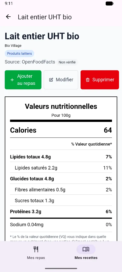 Détail aliment avec étiquette nutritionnelle complète