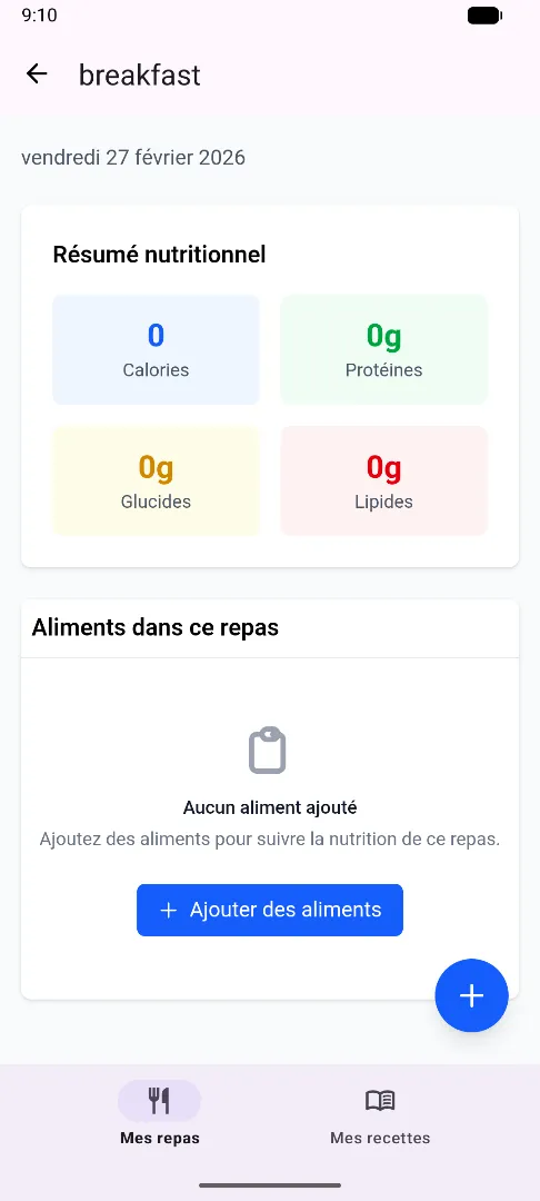 Vue détail d'un repas avec synthèse nutritionnelle
