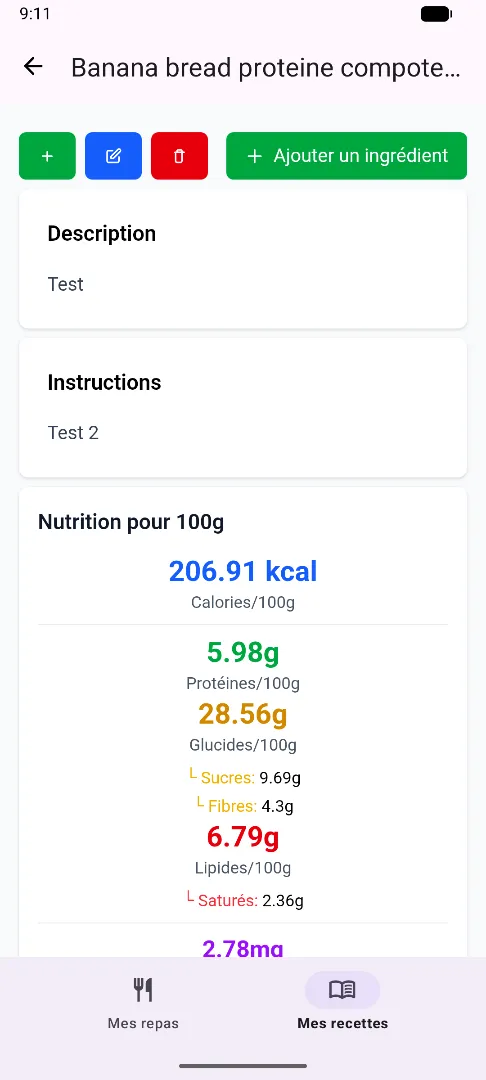 Vue recette avec détails nutritionnels pour 100 g